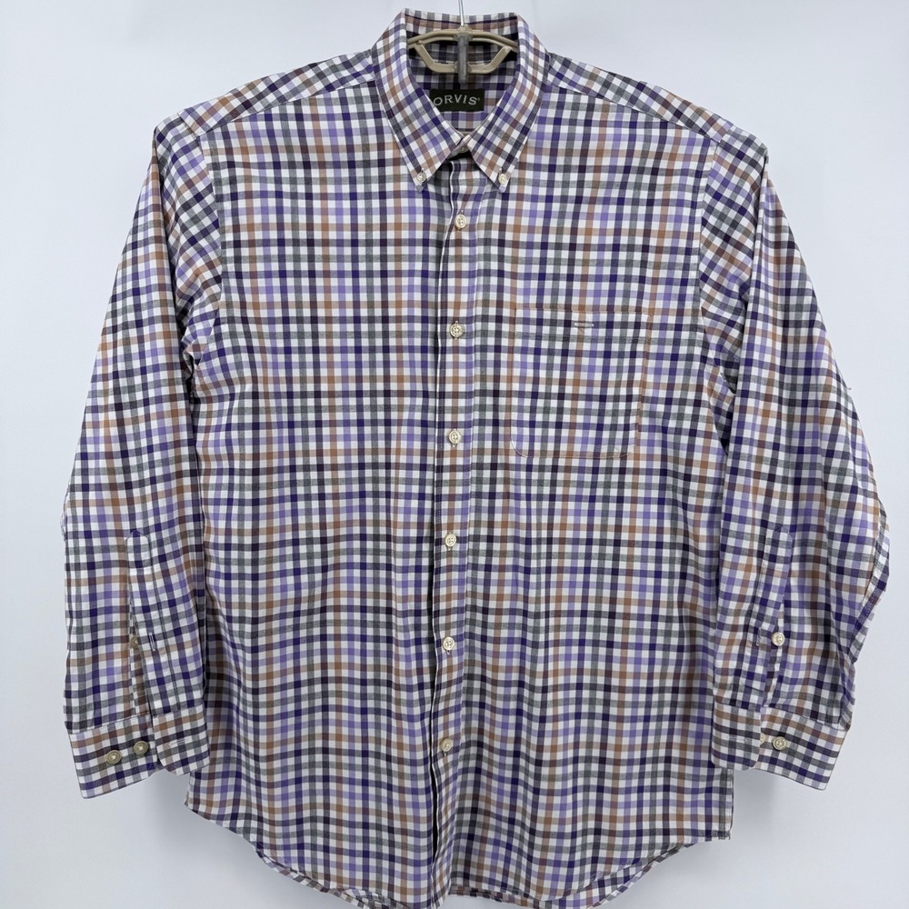 Orvis Country Twill Plaid Button Down Shirt Mens Large Purple Tan Made Portugal - Picture 2 of 16